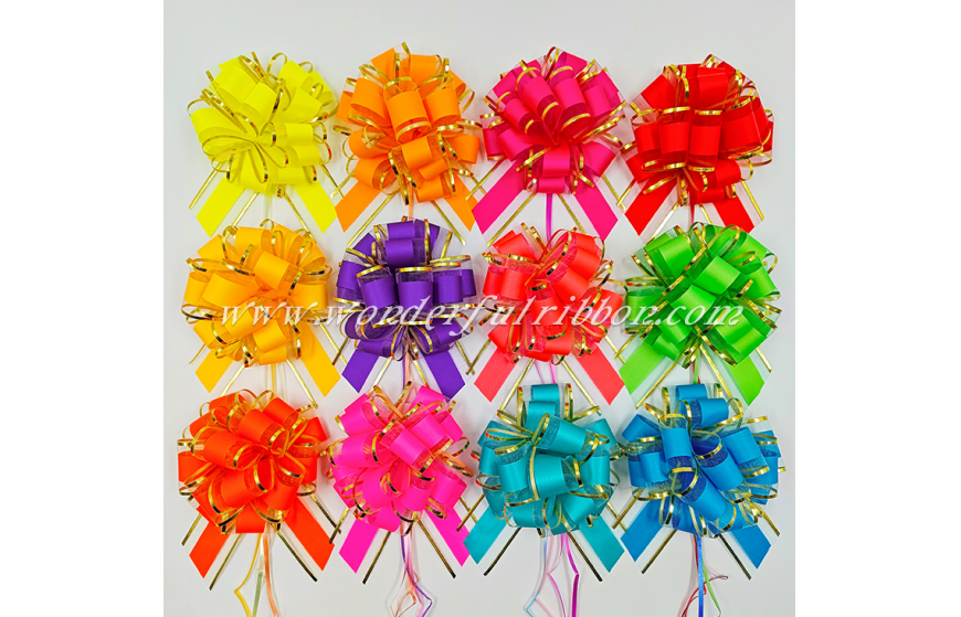 Fluorescent-colored Glod Trim Organza Pom Pom Pull Bow