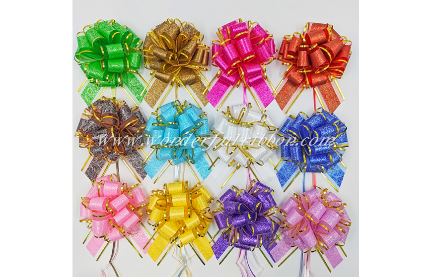 Rose Pattern Gold Trim Organza Pom Pom Pull Bow